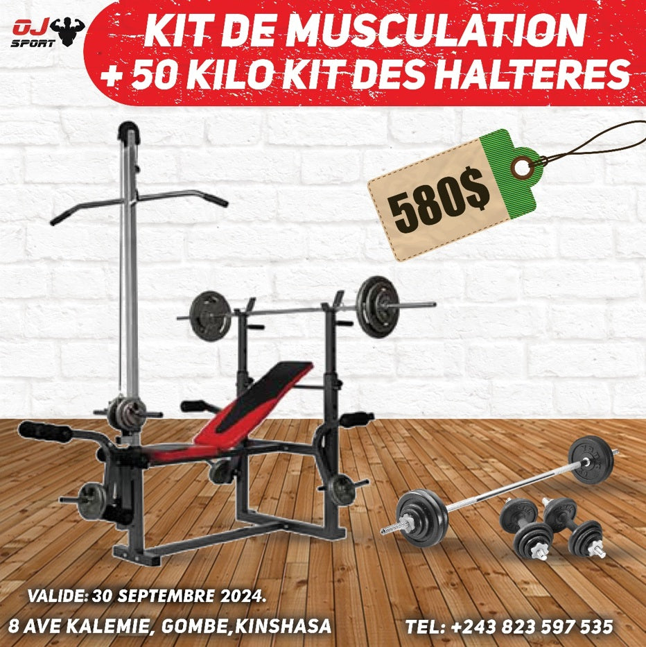 Kit combiné 50 kg avec développé couché + poulie haute