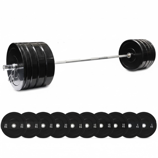 170kg Pro Olympic Barbell & Bumper Weight Set with Clips