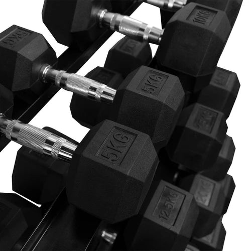 Ensemble d'haltères hexagonales en caoutchouc de 5 à 25 kg et support