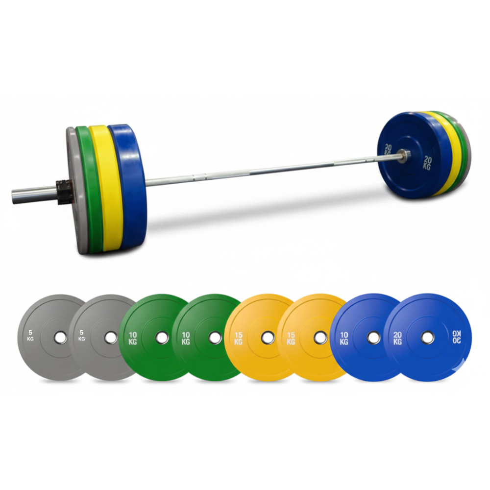Barre olympique professionnelle de 120 kg + ensemble de disques de poids colorés avec clips