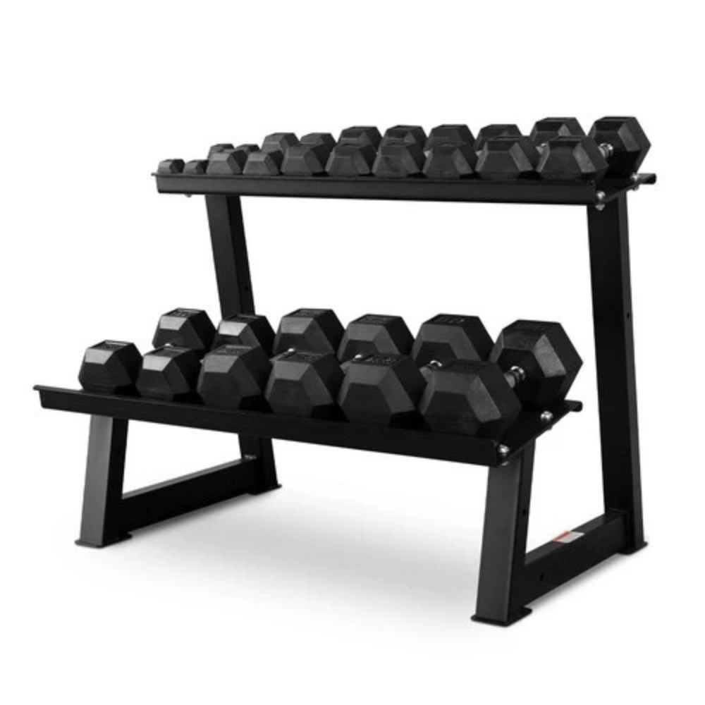 2-25kg Rubber Hex Dumbbells + 2 Tier Dumbbell Rack