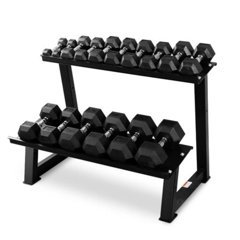 2-25kg Rubber Hex Dumbbells + 2 Tier Dumbbell Rack